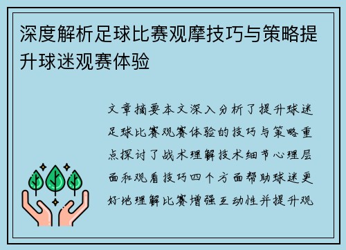 深度解析足球比赛观摩技巧与策略提升球迷观赛体验